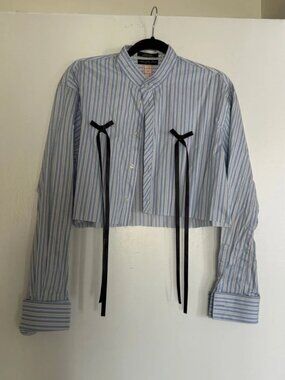 Soi Studio Reworked Kennith Cole Black Bow Detail Blue Button Up Top